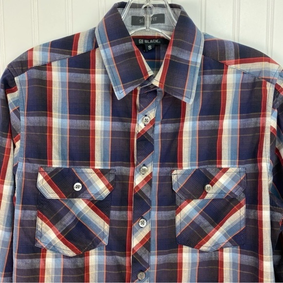 Buckle Black Button Up Shirt‎ Men Small Long sleeve Slim Fit Plaid - Picture 3 of 12